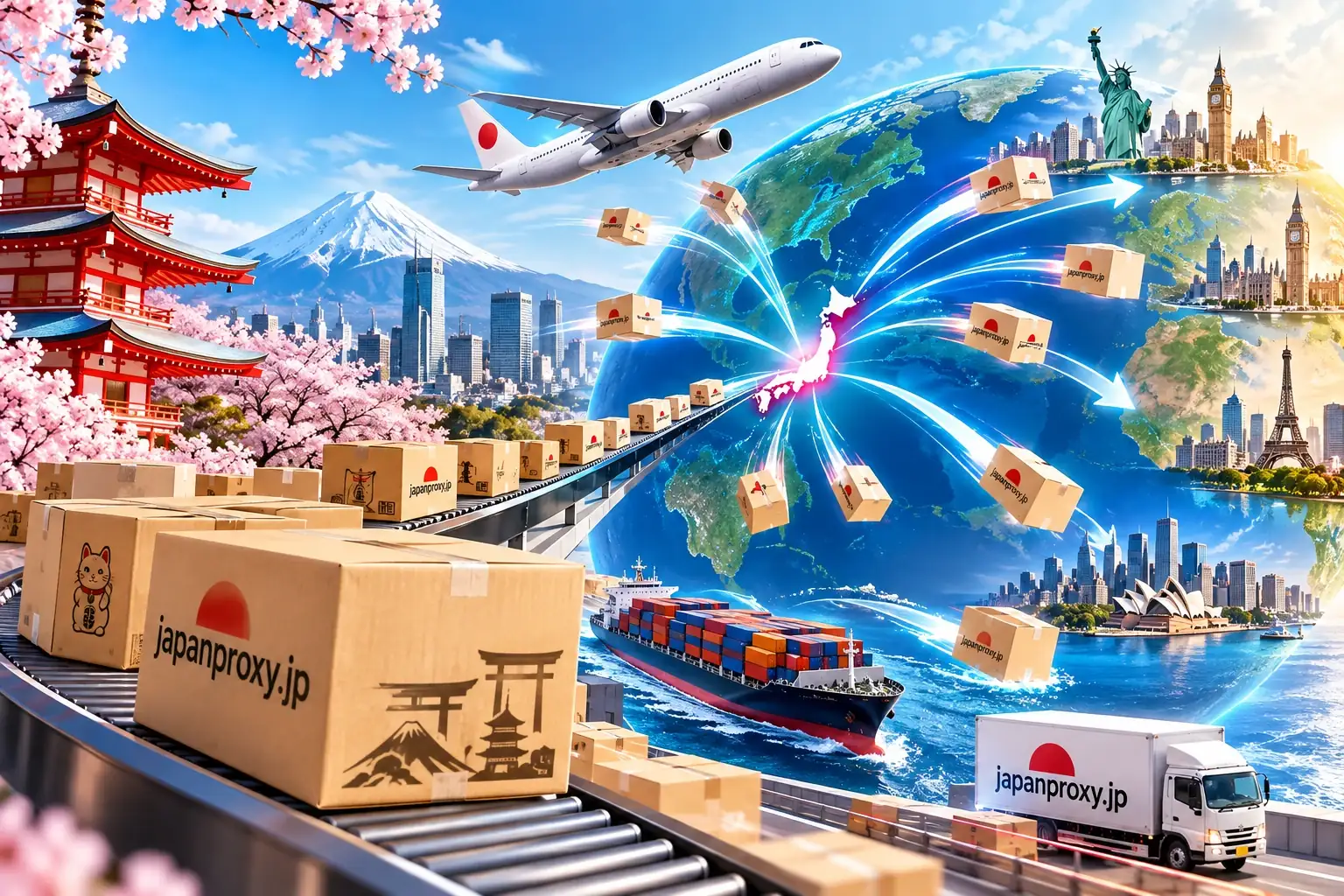 Parcels marked japanproxy.jp leaving Japan — Mount Fuji and cherry blossom on one side, New York, London, Paris and Sydney on the other.